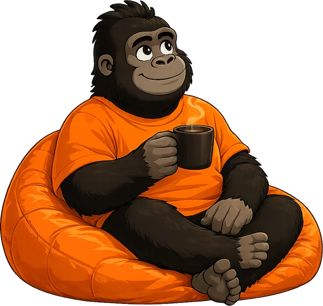 Root, the Driva Dev mascot, thinking over a cup of coffee