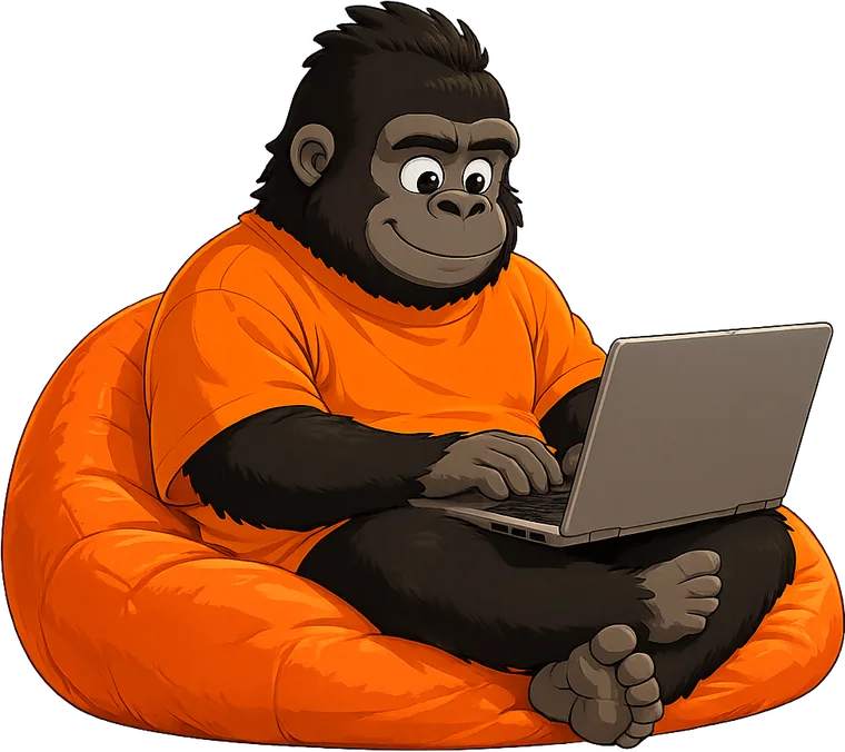 Root, the Driva Dev mascot, coding on a laptop
